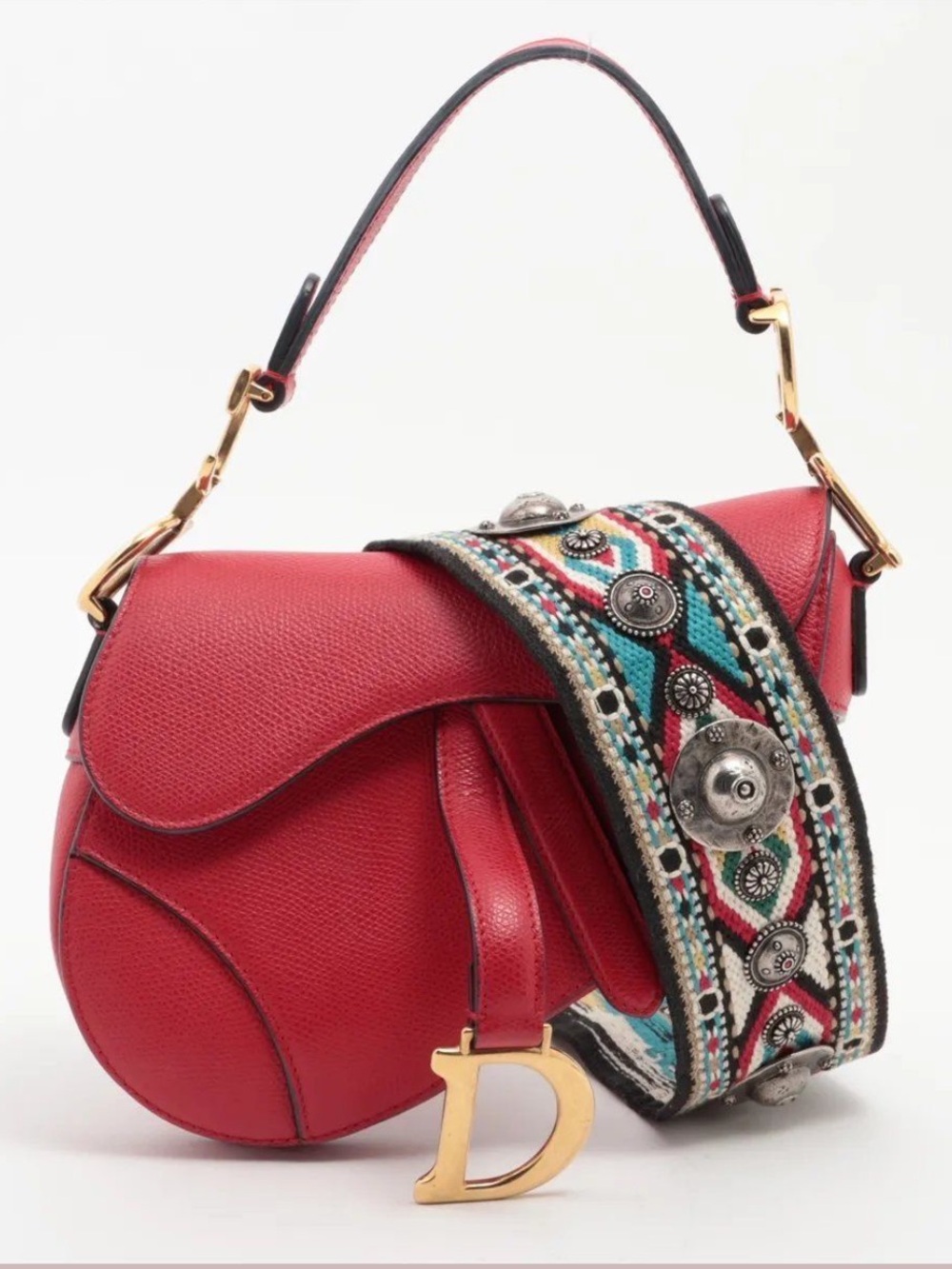 Dior Red Mini Saddle Bag with Aztec Embroidered Guitar Strap - EUC w CoA!
